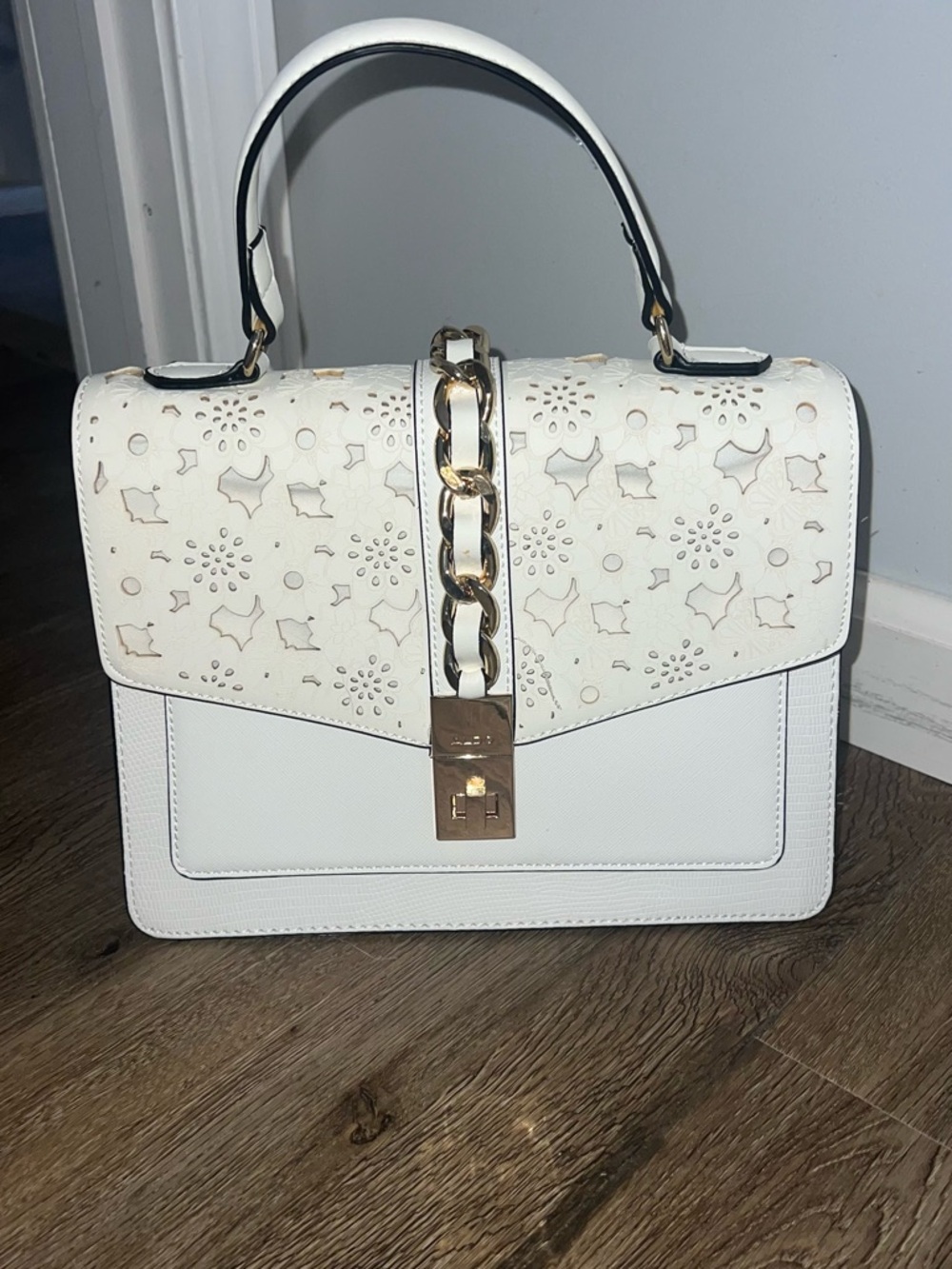 ALDO White Top-Handle Floral Laser-Cut Satchel